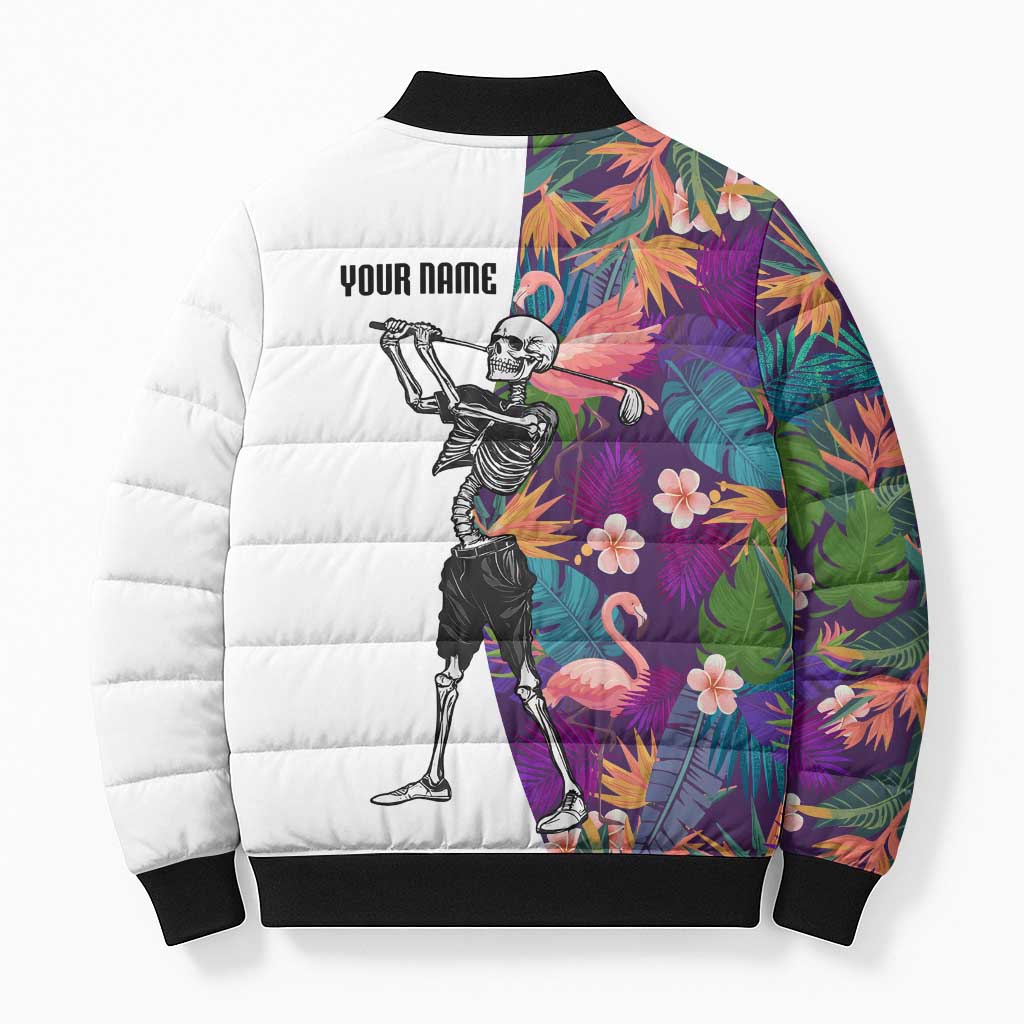Custom Skeleton Golfer Bomber Puffer Jacket with Tropical Flamingo Leaves Pattern and Colorful Floral Background - Wonder Print Shop