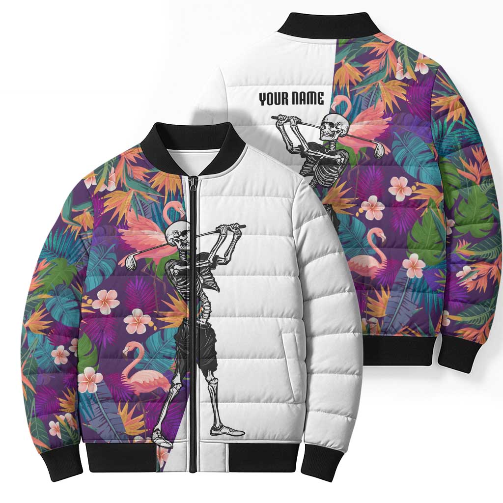 Custom Skeleton Golfer Bomber Puffer Jacket with Tropical Flamingo Leaves Pattern and Colorful Floral Background - Wonder Print Shop