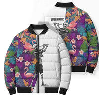 Custom Skeleton Golfer Bomber Puffer Jacket with Tropical Flamingo Leaves Pattern and Colorful Floral Background - Wonder Print Shop