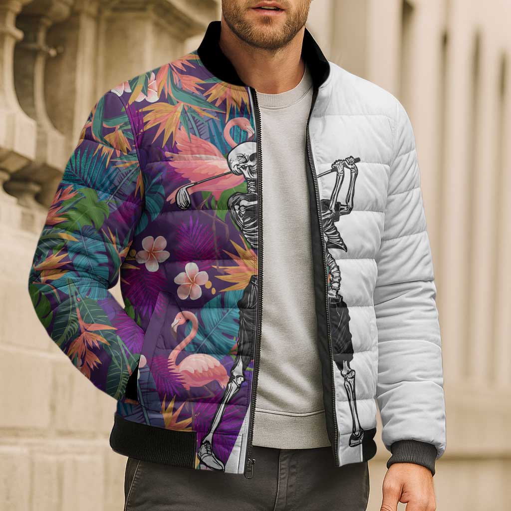 Custom Skeleton Golfer Bomber Puffer Jacket with Tropical Flamingo Leaves Pattern and Colorful Floral Background - Wonder Print Shop
