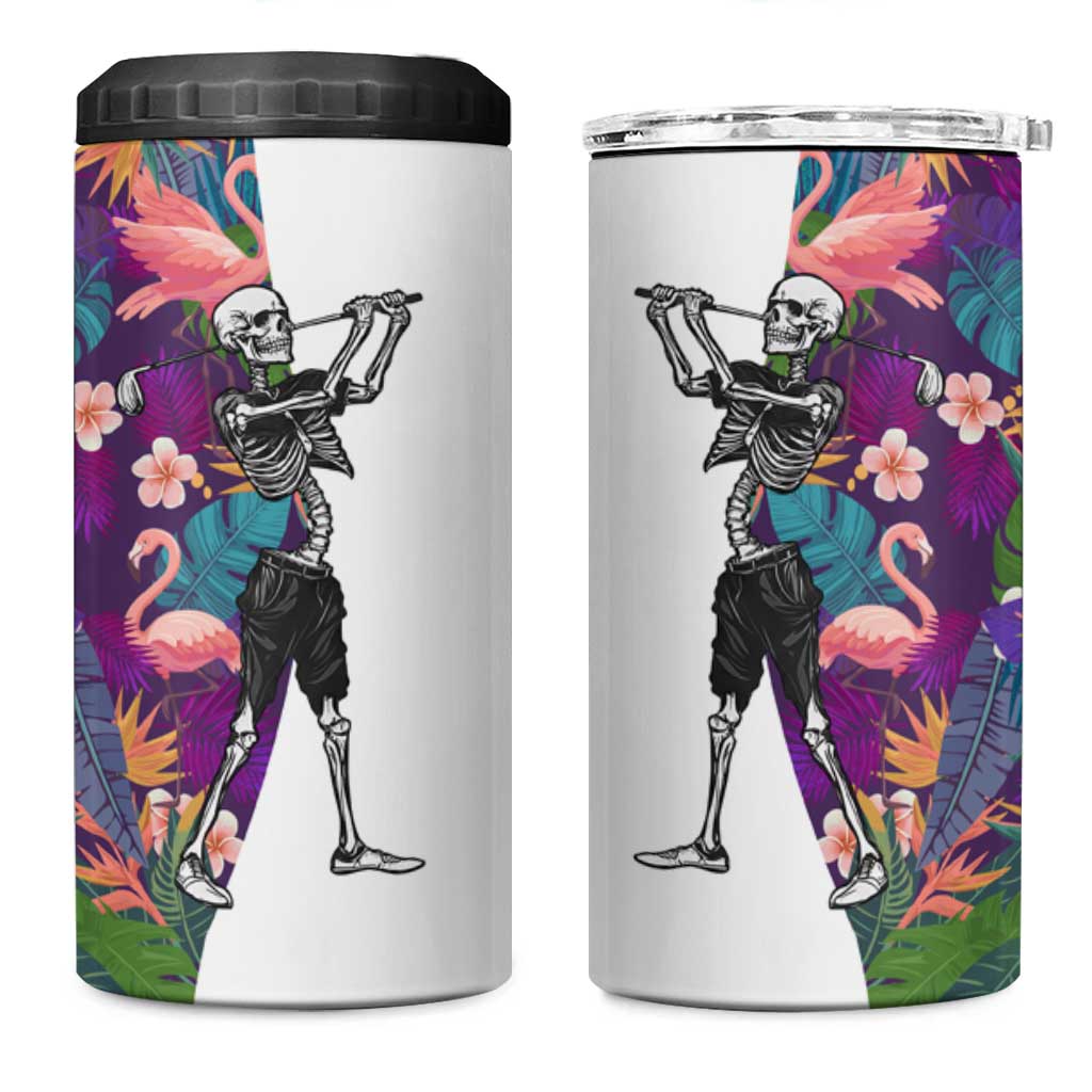 Skeleton Golfer 4 in 1 Can Cooler Tumbler with Tropical Flamingo Leaves Pattern and Colorful Floral Background - Wonder Print Shop