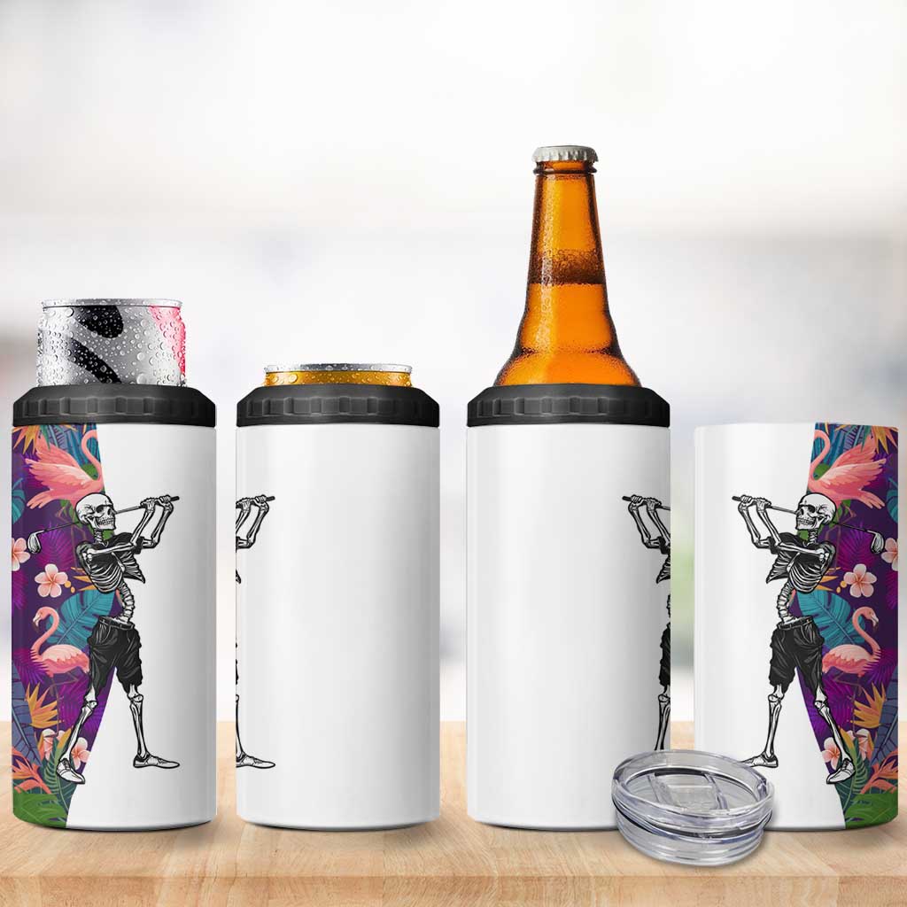 Skeleton Golfer 4 in 1 Can Cooler Tumbler with Tropical Flamingo Leaves Pattern and Colorful Floral Background - Wonder Print Shop