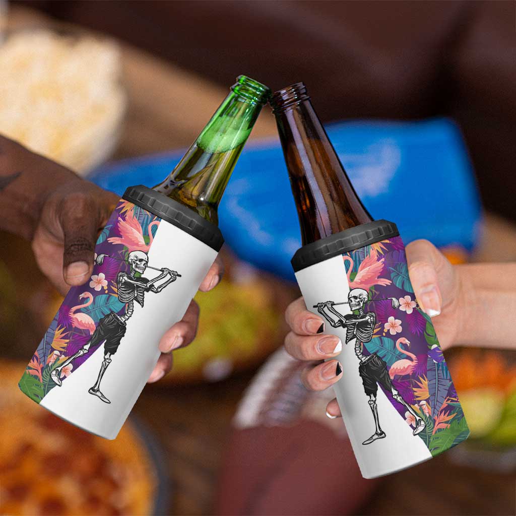 Skeleton Golfer 4 in 1 Can Cooler Tumbler with Tropical Flamingo Leaves Pattern and Colorful Floral Background - Wonder Print Shop