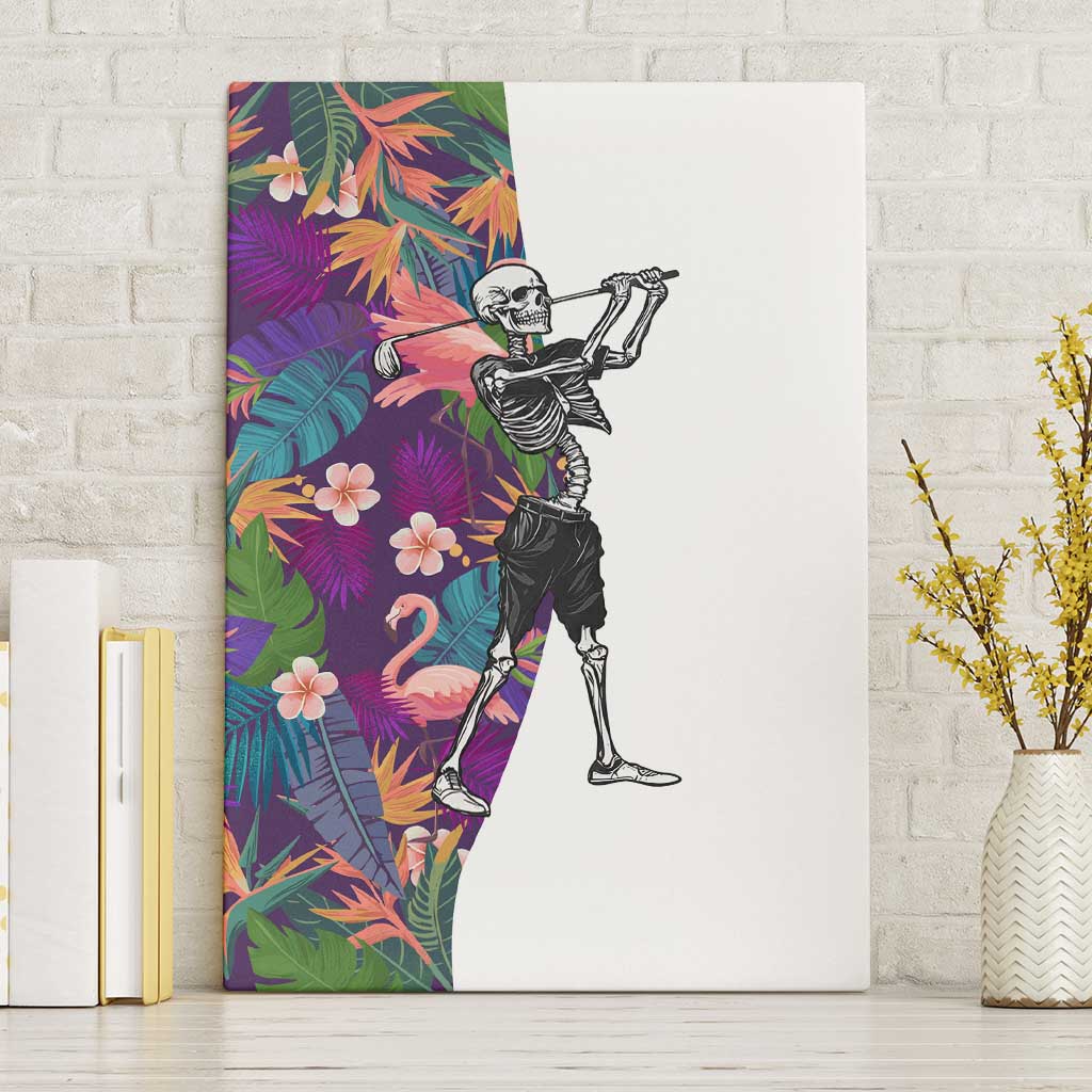 Skeleton Golfer Canvas Wall Art with Tropical Flamingo Leaves Pattern and Colorful Floral Background - Wonder Print Shop