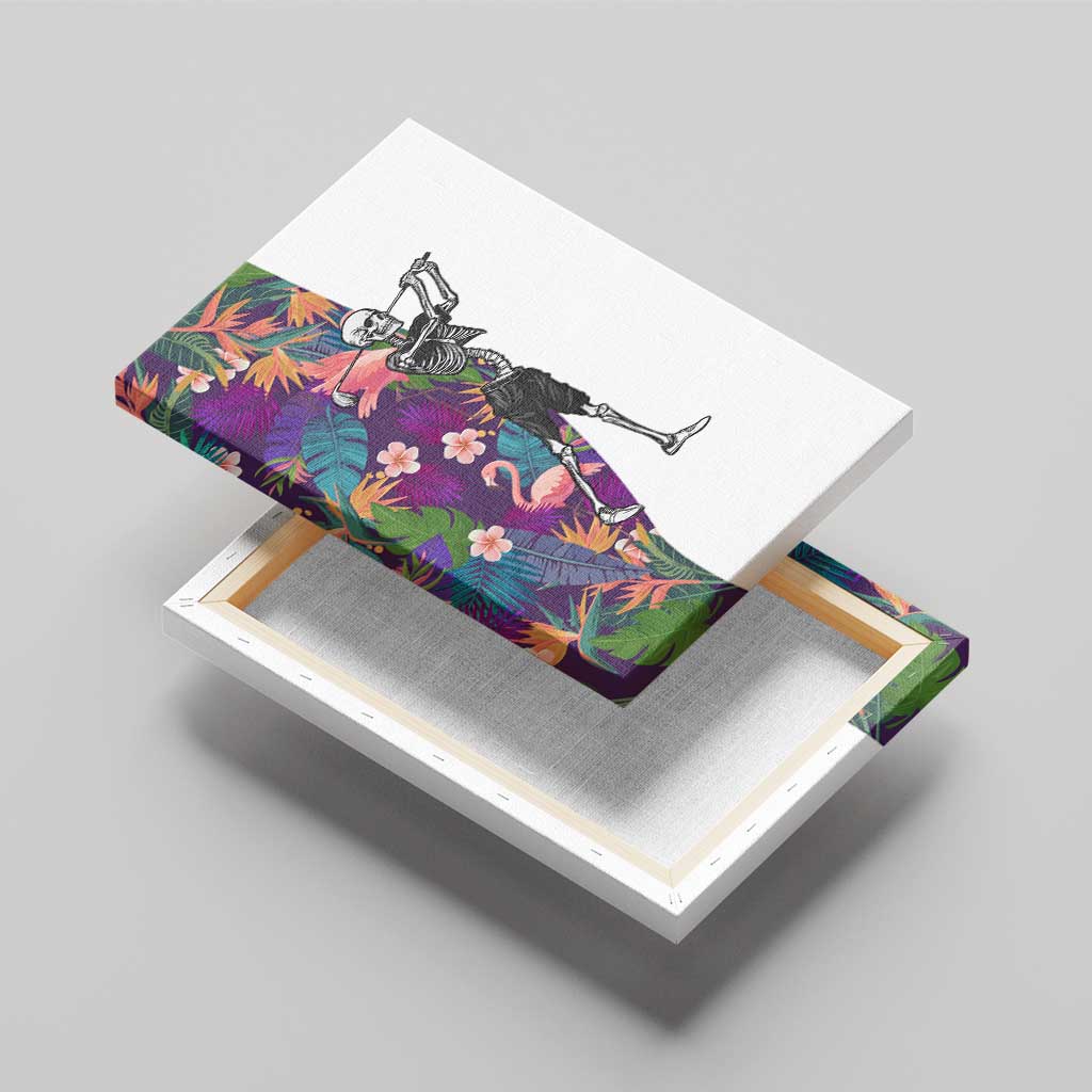 Skeleton Golfer Canvas Wall Art with Tropical Flamingo Leaves Pattern and Colorful Floral Background - Wonder Print Shop