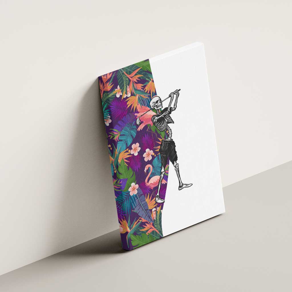 Skeleton Golfer Canvas Wall Art with Tropical Flamingo Leaves Pattern and Colorful Floral Background - Wonder Print Shop