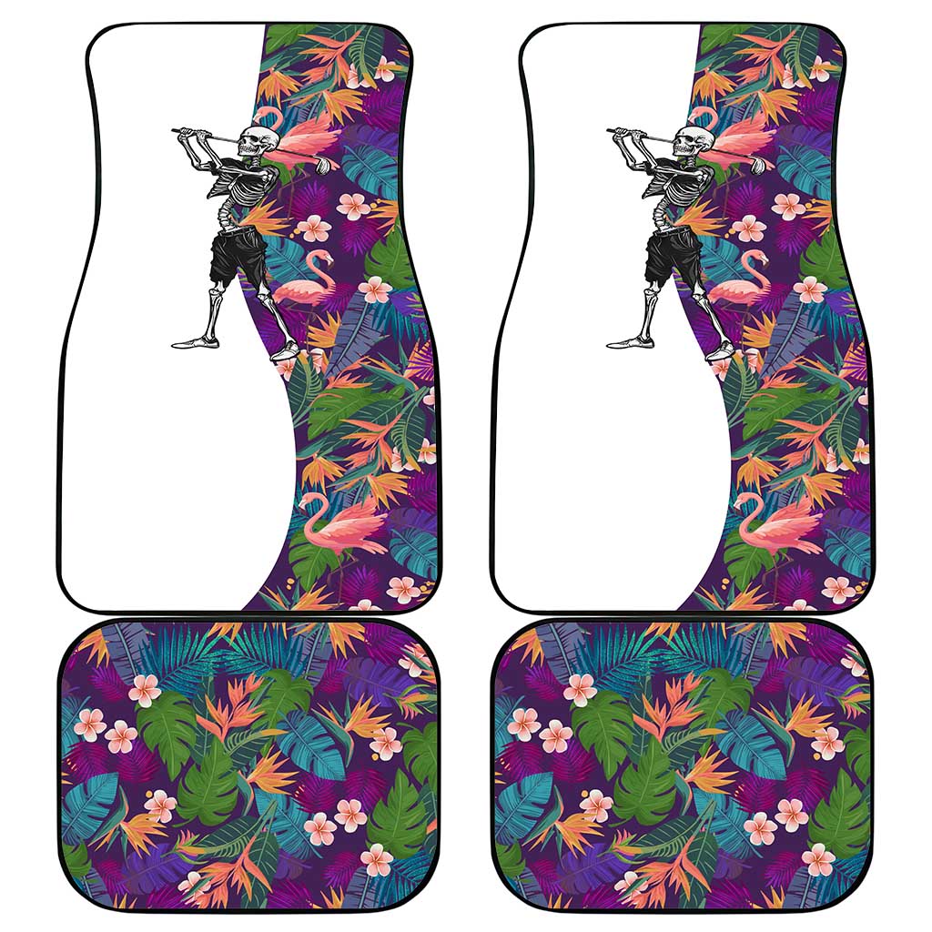 Skeleton Golfer Car Mats with Tropical Flamingo Leaves Pattern and Colorful Floral Background - Wonder Print Shop