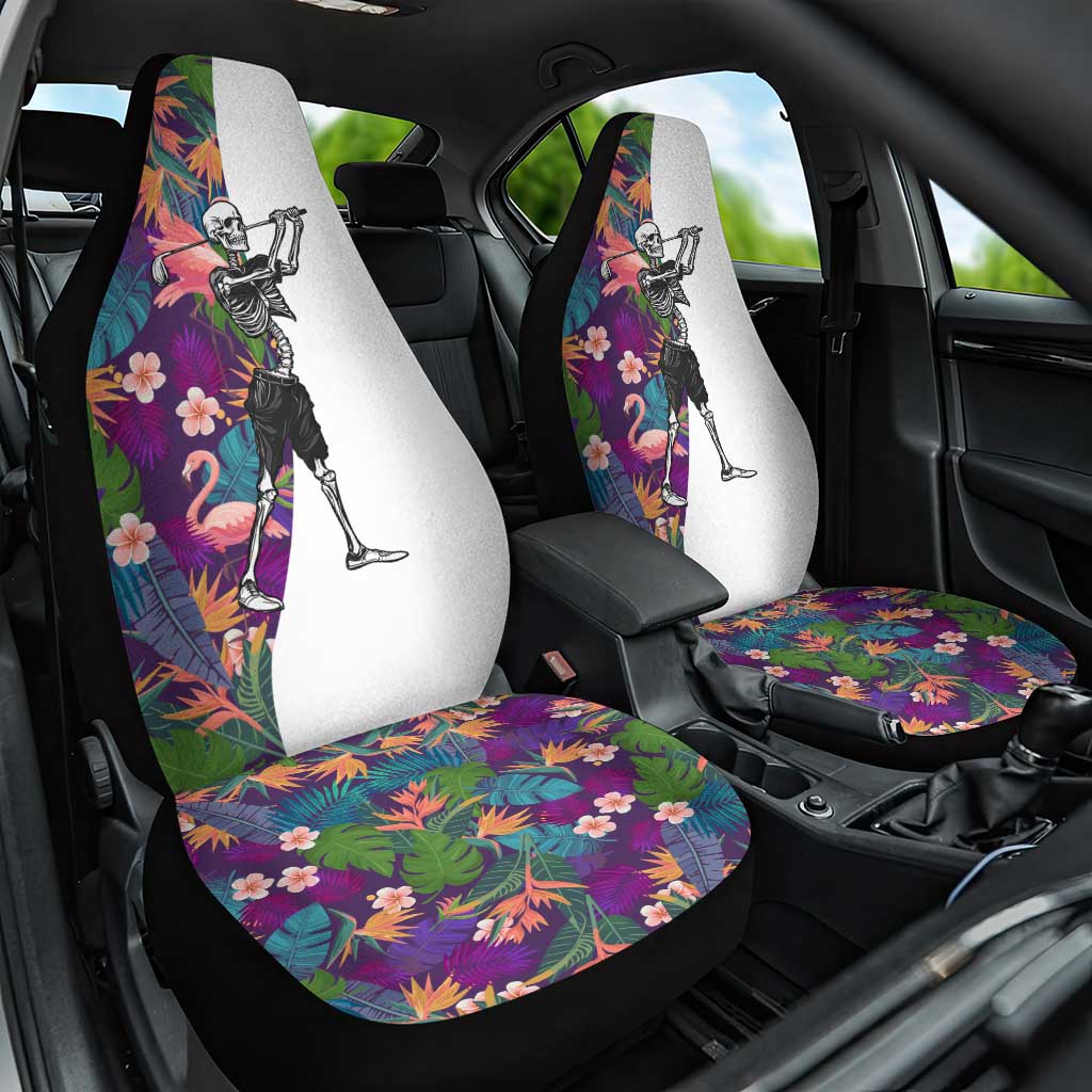Skeleton Golfer Car Seat Cover with Tropical Flamingo Leaves Pattern and Colorful Floral Background - Wonder Print Shop