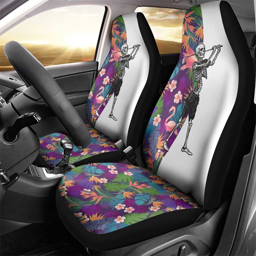 Skeleton Golfer Car Seat Cover with Tropical Flamingo Leaves Pattern and Colorful Floral Background - Wonder Print Shop