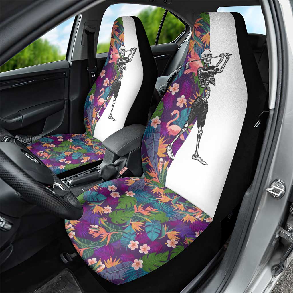 Skeleton Golfer Car Seat Cover with Tropical Flamingo Leaves Pattern and Colorful Floral Background - Wonder Print Shop