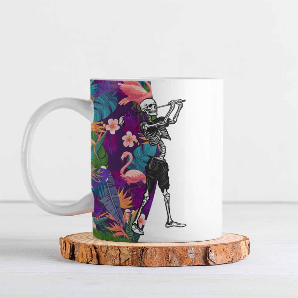 Skeleton Golfer Ceramic Mug with Tropical Flamingo Leaves Pattern and Colorful Floral Background - Wonder Print Shop