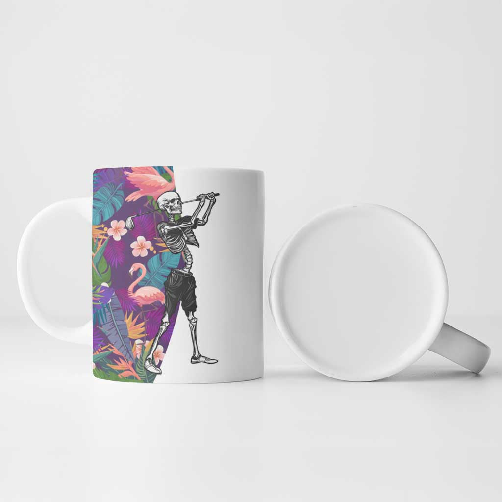 Skeleton Golfer Ceramic Mug with Tropical Flamingo Leaves Pattern and Colorful Floral Background - Wonder Print Shop