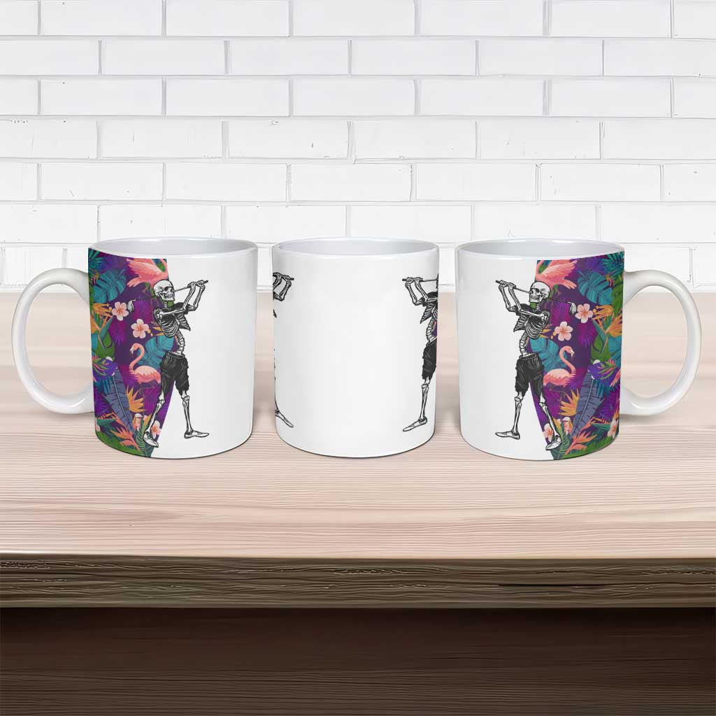 Skeleton Golfer Ceramic Mug with Tropical Flamingo Leaves Pattern and Colorful Floral Background - Wonder Print Shop