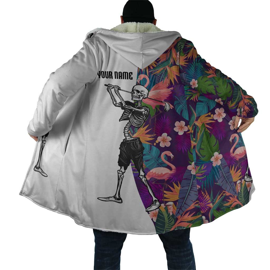 Custom Skeleton Golfer Cloak with Tropical Flamingo Leaves Pattern and Colorful Floral Background - Wonder Print Shop