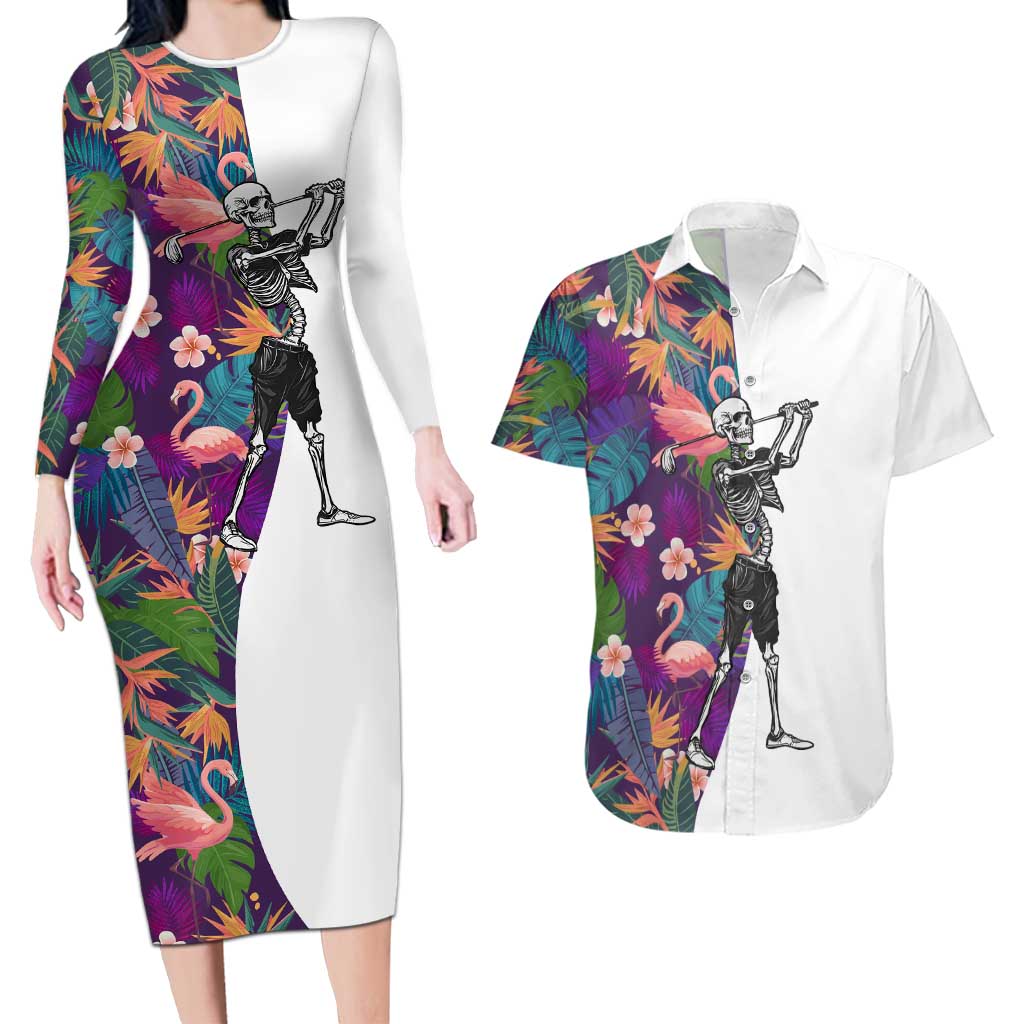 Custom Skeleton Golfer Couples Matching Long Sleeve Bodycon Dress and Hawaiian Shirt with Tropical Flamingo Leaves Pattern and Colorful Floral Background - Wonder Print Shop