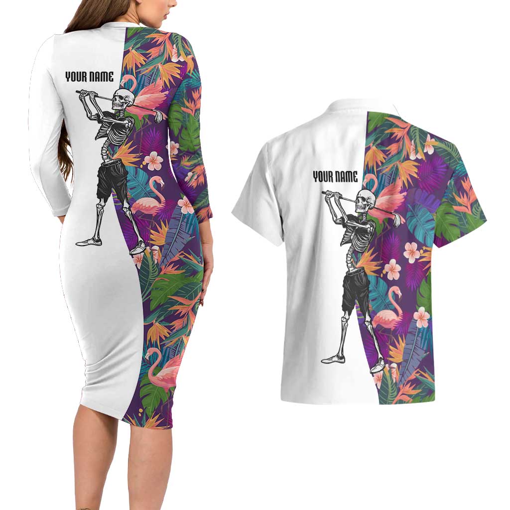 Custom Skeleton Golfer Couples Matching Long Sleeve Bodycon Dress and Hawaiian Shirt with Tropical Flamingo Leaves Pattern and Colorful Floral Background - Wonder Print Shop