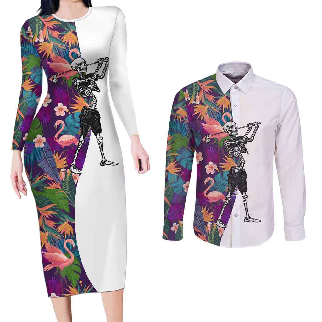 Custom Skeleton Golfer Couples Matching Long Sleeve Bodycon Dress and Long Sleeve Button Shirt with Tropical Flamingo Leaves Pattern and Colorful Floral Background - Wonder Print Shop