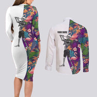 Custom Skeleton Golfer Couples Matching Long Sleeve Bodycon Dress and Long Sleeve Button Shirt with Tropical Flamingo Leaves Pattern and Colorful Floral Background - Wonder Print Shop