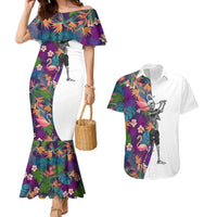Custom Skeleton Golfer Couples Matching Mermaid Dress and Hawaiian Shirt with Tropical Flamingo Leaves Pattern and Colorful Floral Background - Wonder Print Shop