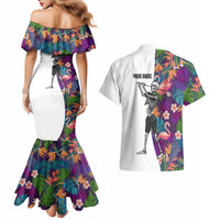 Custom Skeleton Golfer Couples Matching Mermaid Dress and Hawaiian Shirt with Tropical Flamingo Leaves Pattern and Colorful Floral Background - Wonder Print Shop
