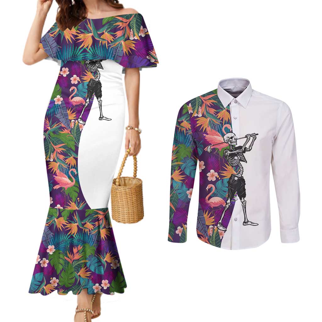 Custom Skeleton Golfer Couples Matching Mermaid Dress and Long Sleeve Button Shirt with Tropical Flamingo Leaves Pattern and Colorful Floral Background - Wonder Print Shop