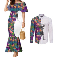 Custom Skeleton Golfer Couples Matching Mermaid Dress and Long Sleeve Button Shirt with Tropical Flamingo Leaves Pattern and Colorful Floral Background - Wonder Print Shop
