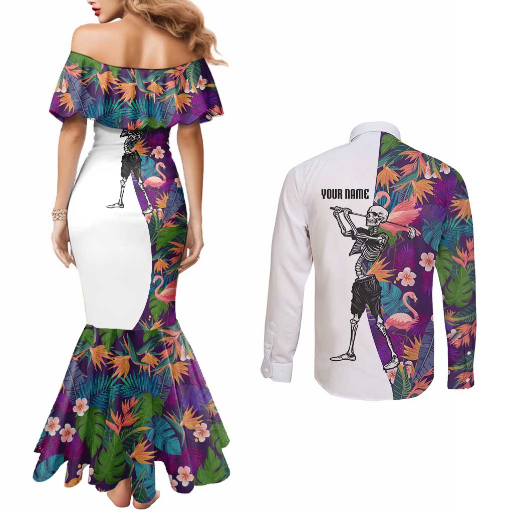 Custom Skeleton Golfer Couples Matching Mermaid Dress and Long Sleeve Button Shirt with Tropical Flamingo Leaves Pattern and Colorful Floral Background - Wonder Print Shop