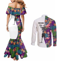 Custom Skeleton Golfer Couples Matching Mermaid Dress and Long Sleeve Button Shirt with Tropical Flamingo Leaves Pattern and Colorful Floral Background - Wonder Print Shop