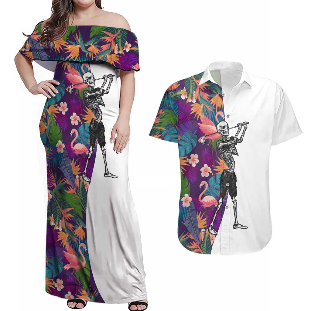 Custom Skeleton Golfer Couples Matching Off Shoulder Maxi Dress and Hawaiian Shirt with Tropical Flamingo Leaves Pattern and Colorful Floral Background - Wonder Print Shop