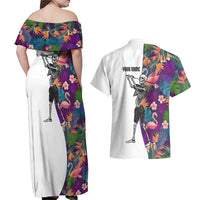 Custom Skeleton Golfer Couples Matching Off Shoulder Maxi Dress and Hawaiian Shirt with Tropical Flamingo Leaves Pattern and Colorful Floral Background - Wonder Print Shop