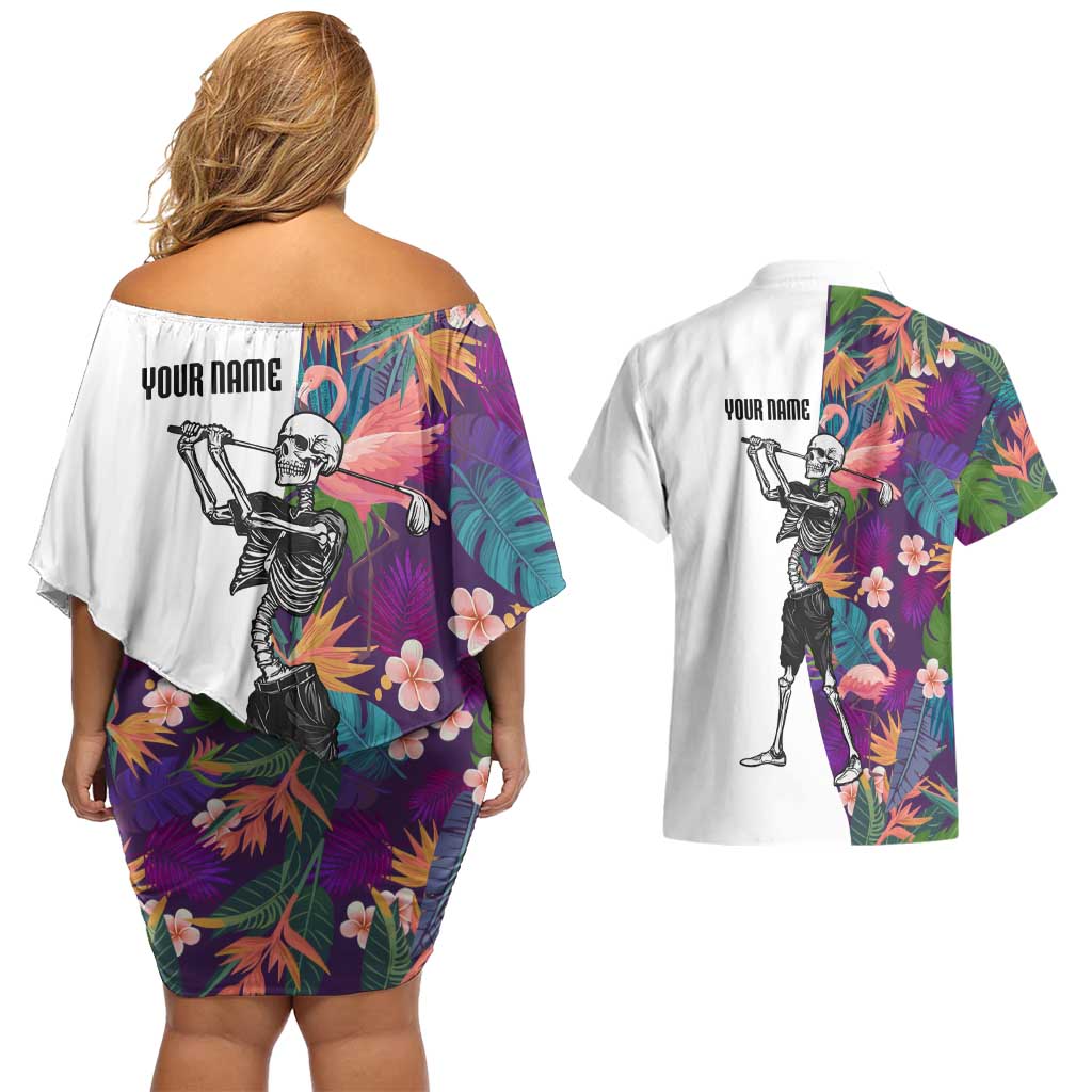 Custom Skeleton Golfer Couples Matching Off Shoulder Short Dress and Hawaiian Shirt with Tropical Flamingo Leaves Pattern and Colorful Floral Background - Wonder Print Shop