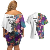 Custom Skeleton Golfer Couples Matching Off Shoulder Short Dress and Hawaiian Shirt with Tropical Flamingo Leaves Pattern and Colorful Floral Background - Wonder Print Shop