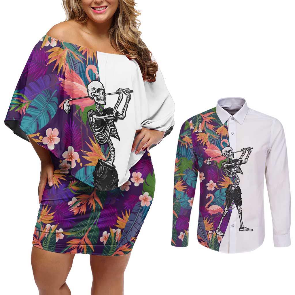 Custom Skeleton Golfer Couples Matching Off Shoulder Short Dress and Long Sleeve Button Shirt with Tropical Flamingo Leaves Pattern and Colorful Floral Background - Wonder Print Shop