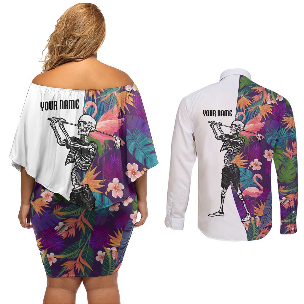 Custom Skeleton Golfer Couples Matching Off Shoulder Short Dress and Long Sleeve Button Shirt with Tropical Flamingo Leaves Pattern and Colorful Floral Background - Wonder Print Shop