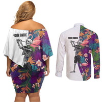 Custom Skeleton Golfer Couples Matching Off Shoulder Short Dress and Long Sleeve Button Shirt with Tropical Flamingo Leaves Pattern and Colorful Floral Background - Wonder Print Shop