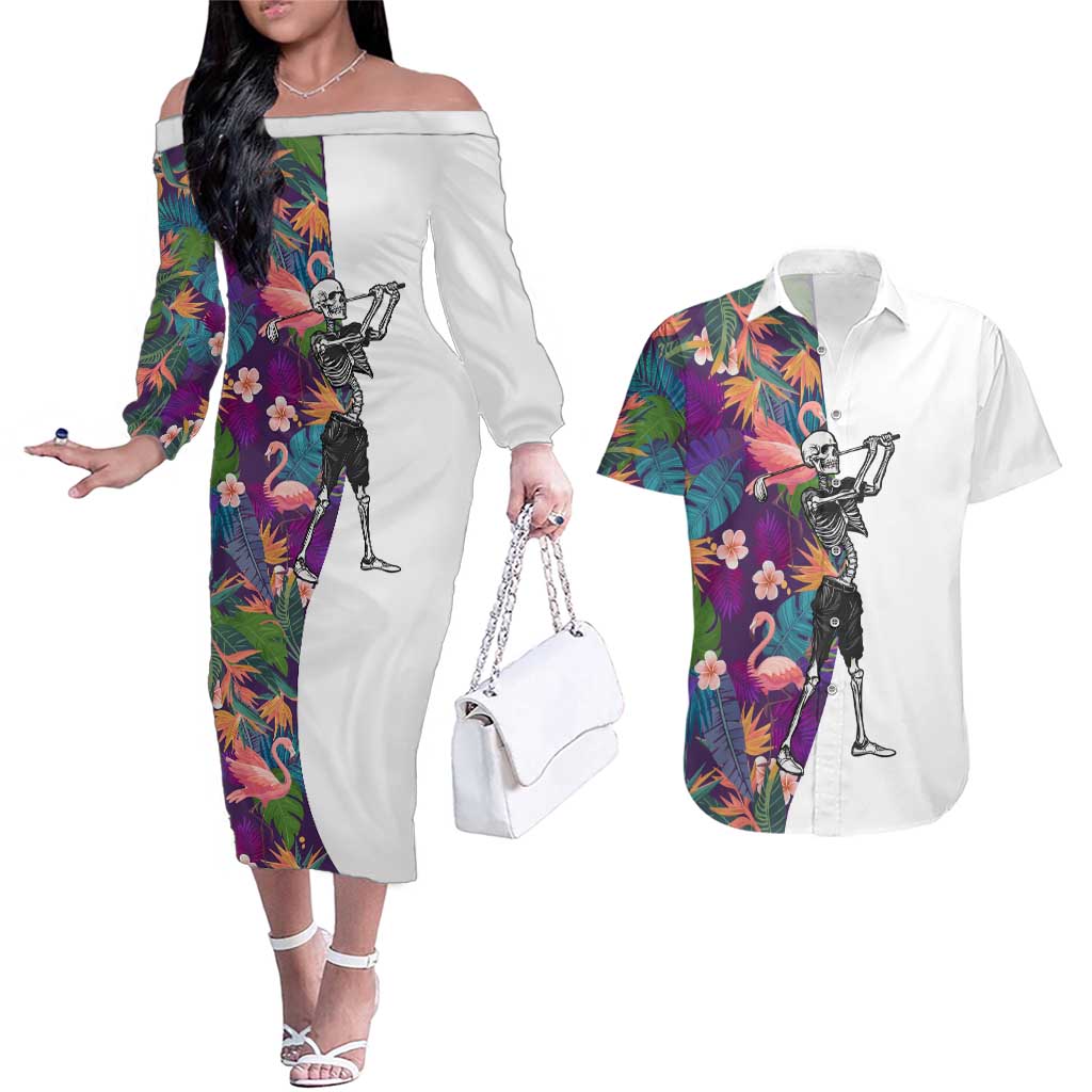 Custom Skeleton Golfer Couples Matching Off The Shoulder Long Sleeve Dress and Hawaiian Shirt with Tropical Flamingo Leaves Pattern and Colorful Floral Background - Wonder Print Shop