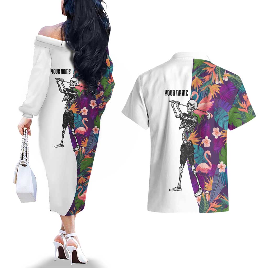 Custom Skeleton Golfer Couples Matching Off The Shoulder Long Sleeve Dress and Hawaiian Shirt with Tropical Flamingo Leaves Pattern and Colorful Floral Background - Wonder Print Shop