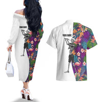 Custom Skeleton Golfer Couples Matching Off The Shoulder Long Sleeve Dress and Hawaiian Shirt with Tropical Flamingo Leaves Pattern and Colorful Floral Background - Wonder Print Shop