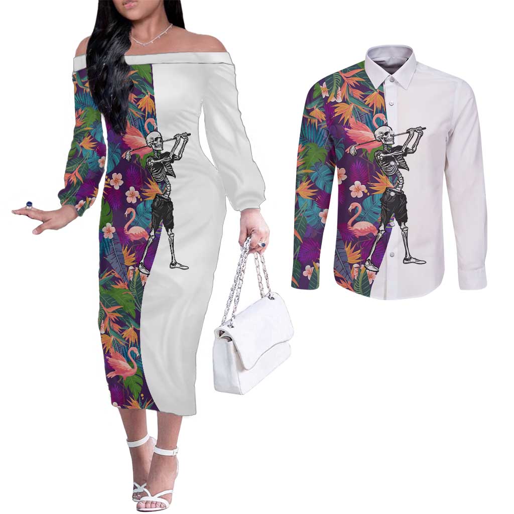Custom Skeleton Golfer Couples Matching Off The Shoulder Long Sleeve Dress and Long Sleeve Button Shirt with Tropical Flamingo Leaves Pattern and Colorful Floral Background - Wonder Print Shop