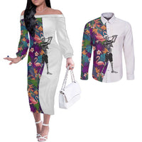 Custom Skeleton Golfer Couples Matching Off The Shoulder Long Sleeve Dress and Long Sleeve Button Shirt with Tropical Flamingo Leaves Pattern and Colorful Floral Background - Wonder Print Shop