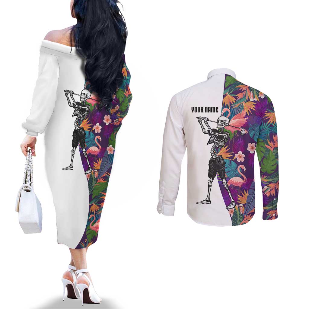 Custom Skeleton Golfer Couples Matching Off The Shoulder Long Sleeve Dress and Long Sleeve Button Shirt with Tropical Flamingo Leaves Pattern and Colorful Floral Background - Wonder Print Shop