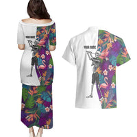 Custom Skeleton Golfer Couples Matching Puletasi and Hawaiian Shirt with Tropical Flamingo Leaves Pattern and Colorful Floral Background - Wonder Print Shop