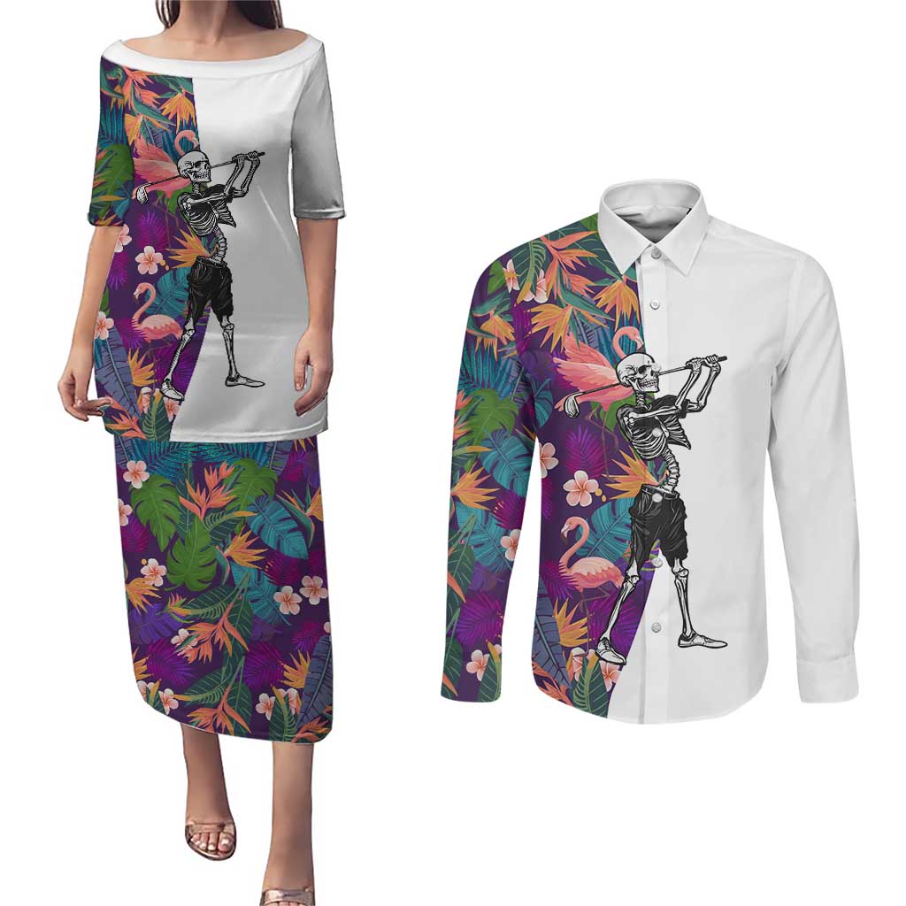 Custom Skeleton Golfer Couples Matching Puletasi and Long Sleeve Button Shirt with Tropical Flamingo Leaves Pattern and Colorful Floral Background - Wonder Print Shop