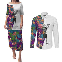 Custom Skeleton Golfer Couples Matching Puletasi and Long Sleeve Button Shirt with Tropical Flamingo Leaves Pattern and Colorful Floral Background - Wonder Print Shop
