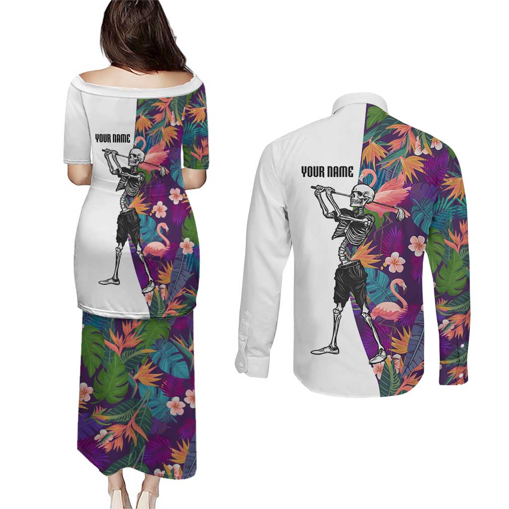 Custom Skeleton Golfer Couples Matching Puletasi and Long Sleeve Button Shirt with Tropical Flamingo Leaves Pattern and Colorful Floral Background - Wonder Print Shop