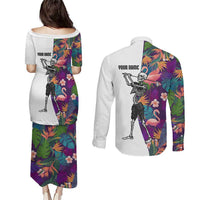 Custom Skeleton Golfer Couples Matching Puletasi and Long Sleeve Button Shirt with Tropical Flamingo Leaves Pattern and Colorful Floral Background - Wonder Print Shop