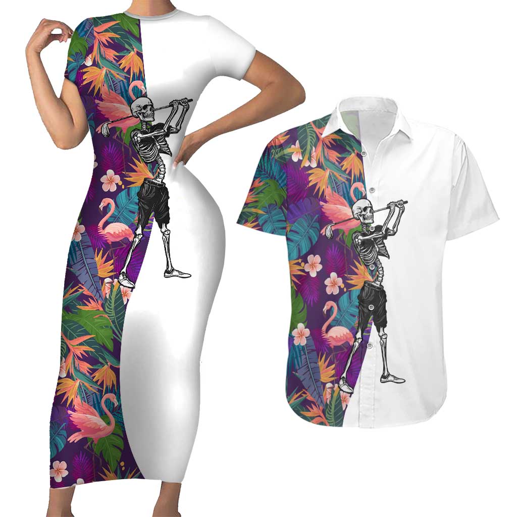Custom Skeleton Golfer Couples Matching Short Sleeve Bodycon Dress and Hawaiian Shirt with Tropical Flamingo Leaves Pattern and Colorful Floral Background - Wonder Print Shop