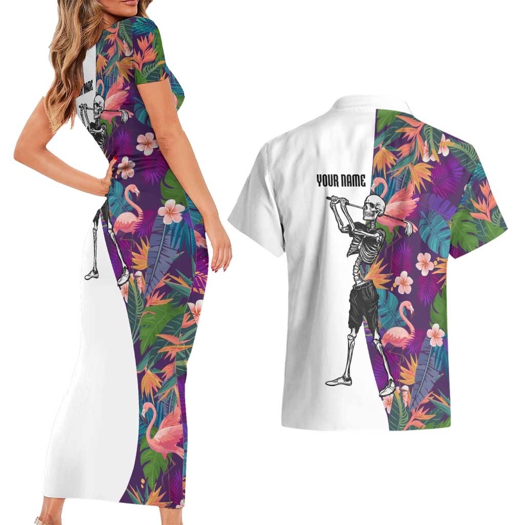 Custom Skeleton Golfer Couples Matching Short Sleeve Bodycon Dress and Hawaiian Shirt with Tropical Flamingo Leaves Pattern and Colorful Floral Background - Wonder Print Shop
