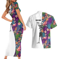 Custom Skeleton Golfer Couples Matching Short Sleeve Bodycon Dress and Hawaiian Shirt with Tropical Flamingo Leaves Pattern and Colorful Floral Background - Wonder Print Shop