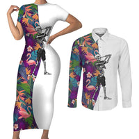 Custom Skeleton Golfer Couples Matching Short Sleeve Bodycon Dress and Long Sleeve Button Shirt with Tropical Flamingo Leaves Pattern and Colorful Floral Background - Wonder Print Shop